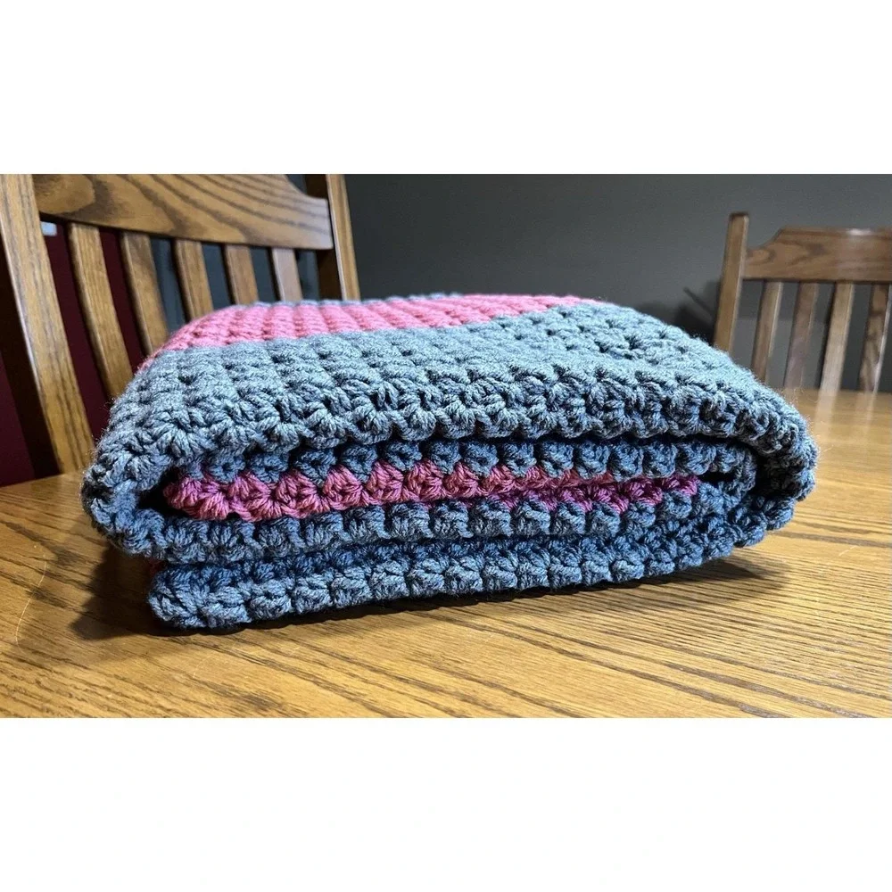 Handmade Crochet Striped Afghan Blanket Pink Gray 45x40 Cozy Cottagecore